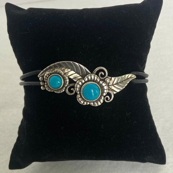 Sterling Silver 925 Dakota West Floral Leaf Turquoise Cabochon Cord Bracelet 8" - Picture 4 of 16